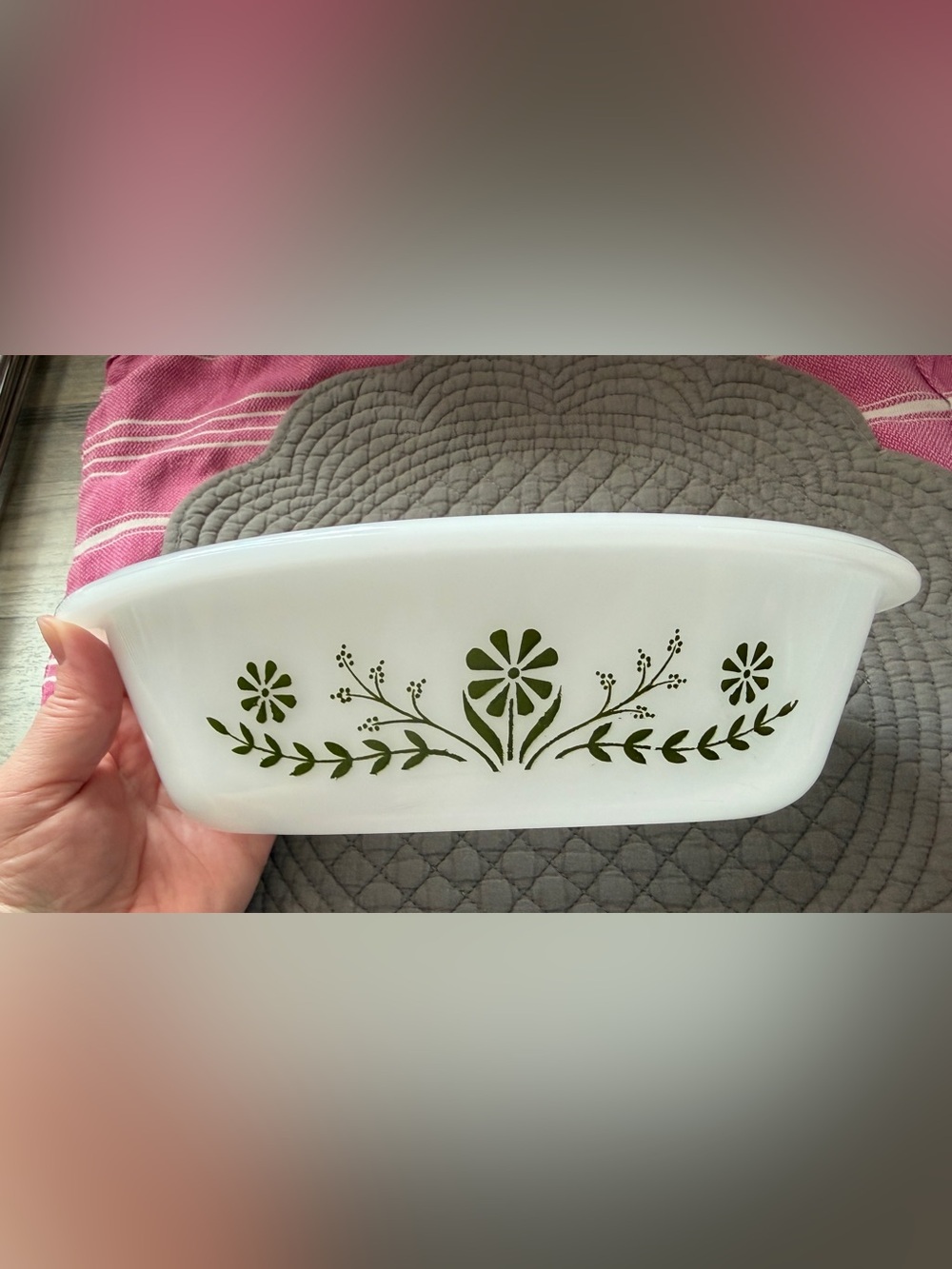 Vintage White Milk Glass Casserole Dish with Green Floral Pattern and Glass Lid - Picture 5 of 7